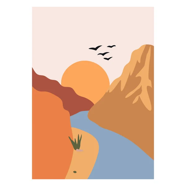 Abstrakte Landschaft Berge Und Fluss Minimalistische Landschaft Trendiger Druck Der — Stockvektor