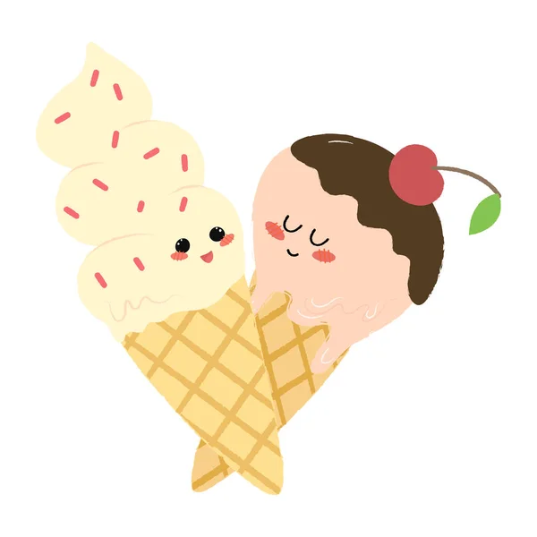 Dos Helados Cono Helado Bola Helado Lindo Personaje Amistad Elemento — Archivo Imágenes Vectoriales