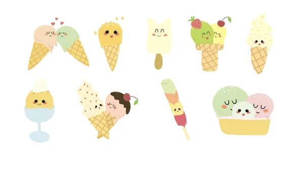 Set Illustrations Ice Creams Cute Kids Characters Kawaii Vector Color — Stock Vector