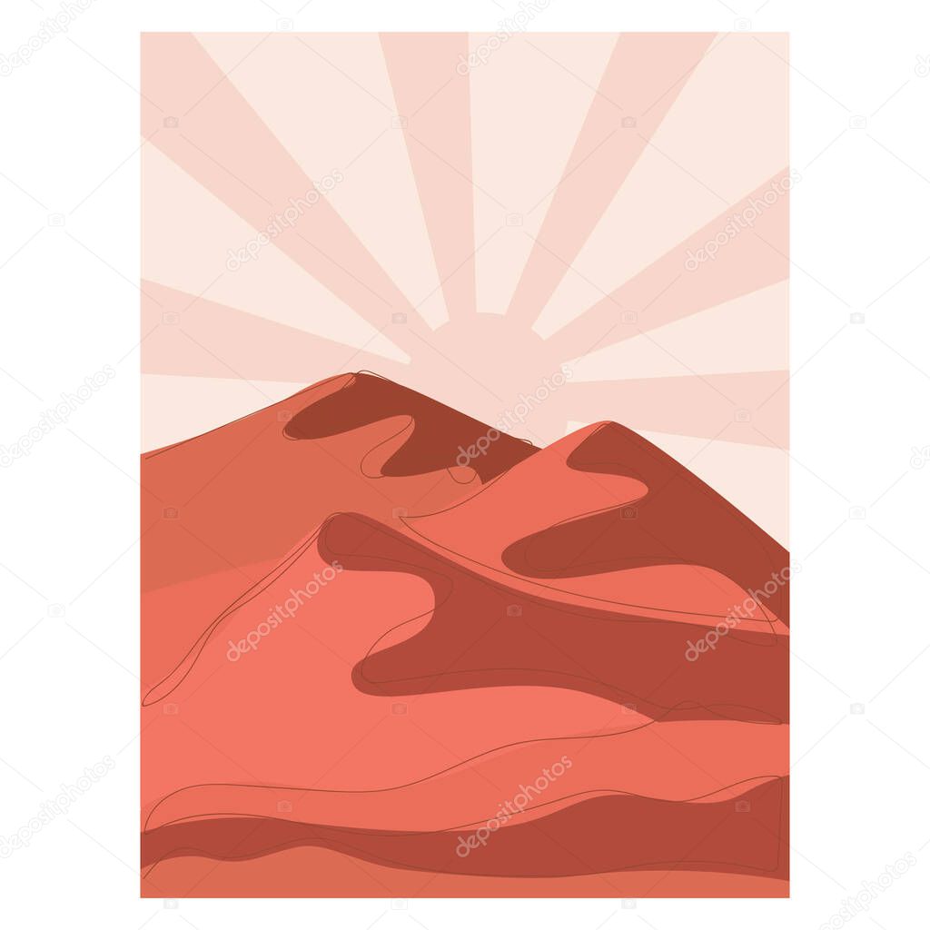 Abstract landscape. Desert. Boho style. Minimalistic landscape. One line. Trendy print of nature, for pose, for decoration, background, for packaging, for web design.