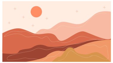 Yatay soyut bir manzara. Çöl. Boho tarzı. Minimalist manzara. Bir satır. Doğanın moda baskısı, poz, dekor, arkaplan, paketleme, web tasarımı için.