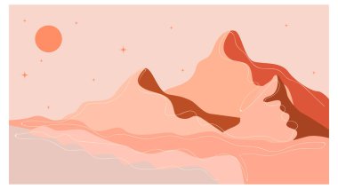 Yatay soyut bir manzara. Çöl. Boho tarzı. Minimalist manzara. Bir satır. Doğanın moda baskısı, poz, dekor, arkaplan, paketleme, web tasarımı için.