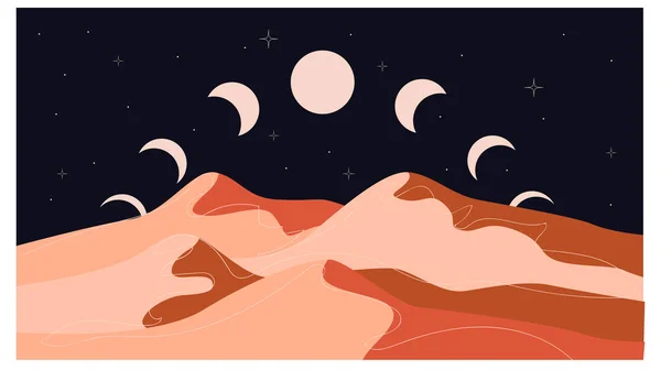 Yatay soyut bir manzara. Çöl. Boho tarzı. Minimalist manzara. Bir satır. Doğanın moda baskısı, poz, dekor, arkaplan, paketleme, web tasarımı için.