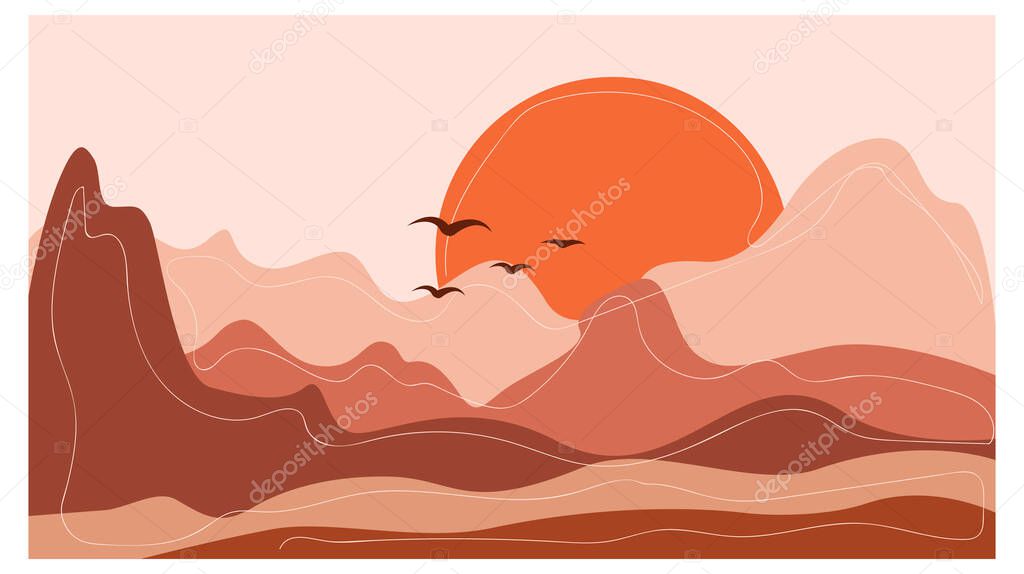 Horizontal abstract landscape. Desert. Boho style. Minimalistic landscape. One line. Trendy print of nature, for pose, for decor, background, for packaging, for web design.