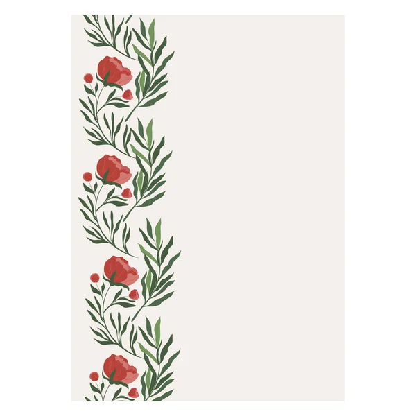 Kartpostal şablonu, tebrikler, şakayıklı davetiye. Çiçekli kartpostal. Kırmızı çiçekler. Vektör resmi.