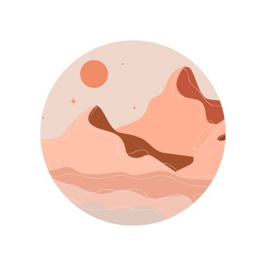 Yuvarlak soyut manzara. Çöl. Boho tarzı. Minimalist manzara. Bir satır. Doğanın moda baskısı, logo, etiket, dekor, arkaplan, ambalaj ve web tasarımı için.