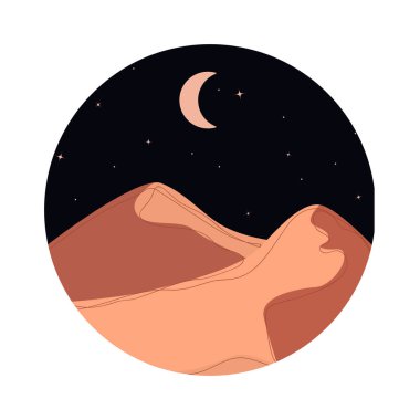 Yuvarlak soyut manzara. Çöl. Boho tarzı. Minimalist manzara. Bir satır. Doğanın moda baskısı, logo, etiket, dekor, arkaplan, ambalaj ve web tasarımı için.