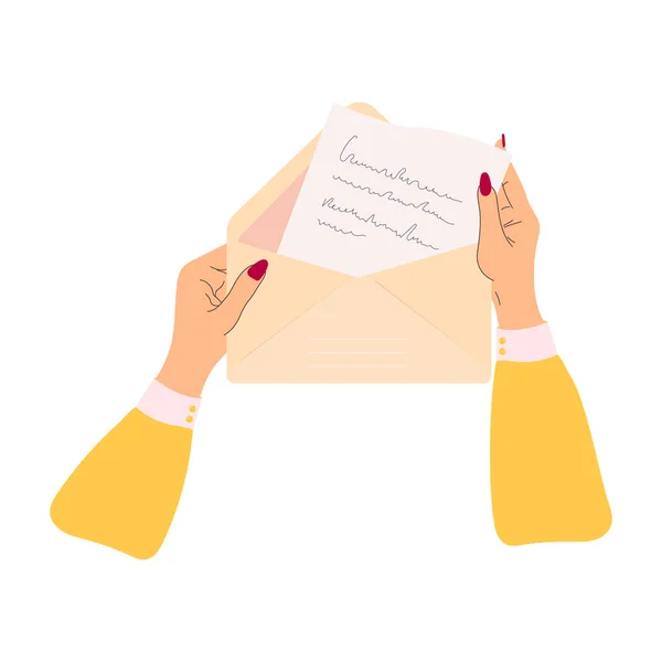 Hände Halten Einen Offenen Umschlag Mit Einem Brief Der Hand — Stockvektor
