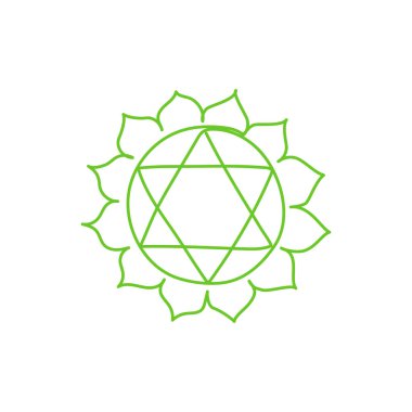 Yeşil Çakra Anahata tek bir çizgiyle çizildi. Doğrusal yoga sembolü. Enerji işareti dengesi. Budizm, Hinduizm, Reiki, ruhsal gelişim. Esrarengiz. Vektör doğrusal illüstrasyon.