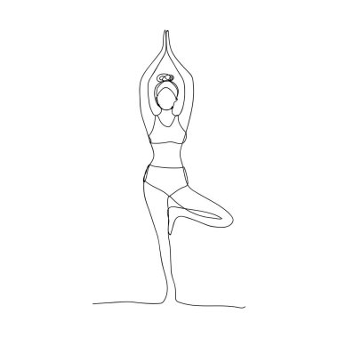 Yoga yapan asana ağacındaki kadın. Aralıksız tek bir çizgiyle çizmek. Yoga, spor, pilte, esneme. Siyah beyaz vektör izole edilmiş çizim.