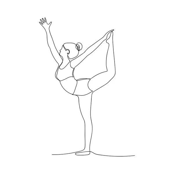 1本足でヨガアサナの女 1本の連続線で描く スポーツ ピラティス ストレッチ ベクトル黒と白の分離図 — ストックベクタ
