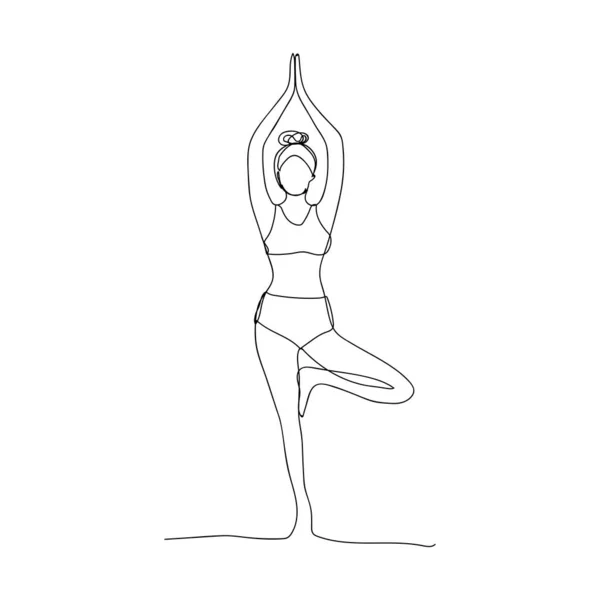 Mujer Árbol Yoga Asana Dibujo Con Una Línea Continua Yoga — Archivo Imágenes Vectoriales