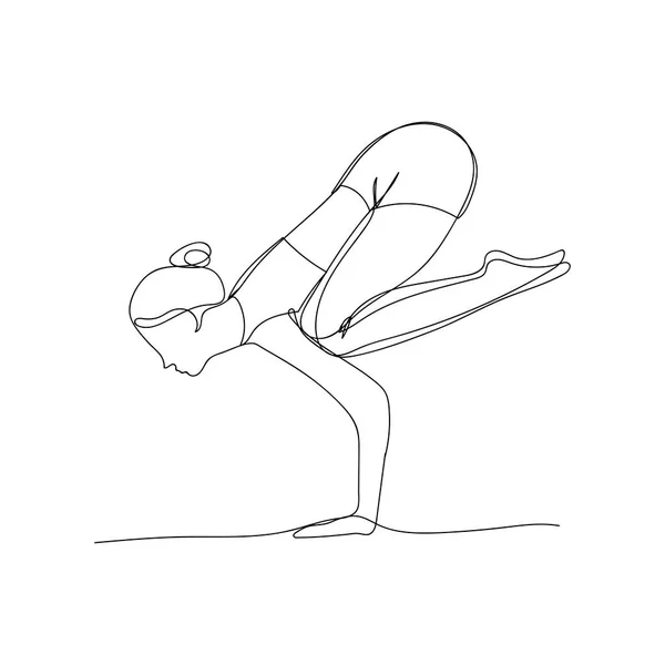 ヨガアサナハンドスタンドの女性は 肘に膝の残りの部分 1本の連続線で描く スポーツ ピラティス ストレッチ ベクトル黒と白の分離図 — ストックベクタ