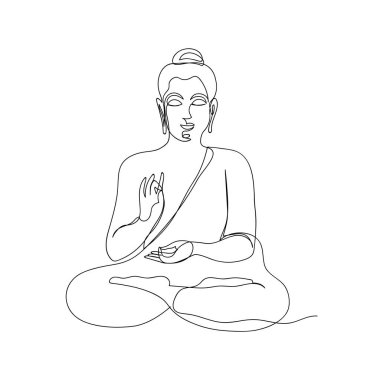 Buda meditasyonda bir çizgi çizer. Budizm, Yoga, Hinduizm, Ruhanilik sembolü. Buda çizgisi sanatı. Siyah ve beyaz vektör çizimi.