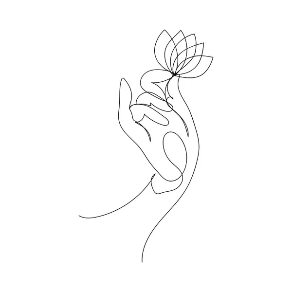 Рука Держит Цветок Лотоса Нарисованный Одной Линией Символ Буддизма Йоги — стоковый вектор