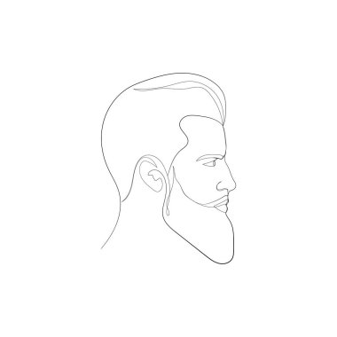 Sakallı bir adamın profil portresinin aralıksız çizimi. Berber dükkanı, erkek saç stili. Çizgi sanatı, vektör illüstrasyonu.