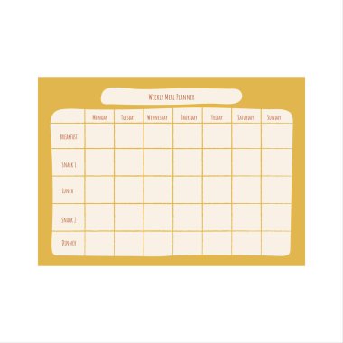 Haftalık Menü Planlayıcısı Kahvaltı, Atıştırma, Öğle Yemeği, Akşam Yemeği Programı. Sağlıklı yemek organizatörleri şablon çizer. Planlayıcı vektörü.