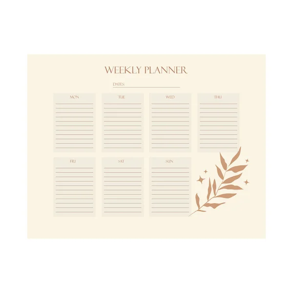 Haftalık planlayıcı, Yapılacak işler, toplantı programı, kişisel bakım, yapılacaklar listesi, haftalık bej rengi. Vektör.