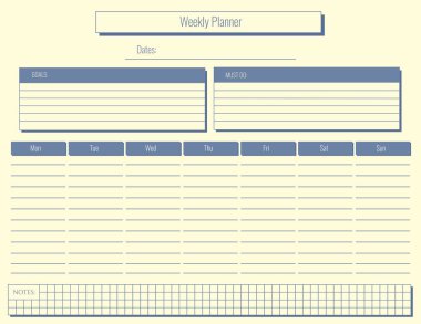 Mavi haftalık planlamacı, kareli defter, karar verildi. Yapılacak işler, toplantı programı, kişisel bakım, yapılacaklar listesi.
