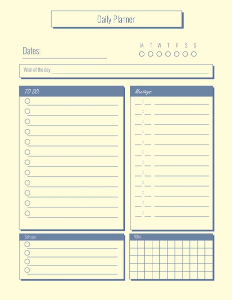 Planificador Diario Tonos Azules Cuaderno Página Cuadros Gobernado Para Hacer — Vector de stock