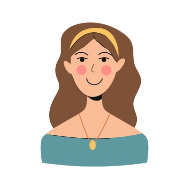 Çizgi film tarzında gülümseyen Avatar. Kahverengi saçlı kız. Vektör illüstrasyonu.