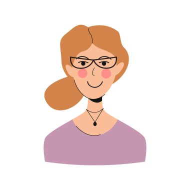 Çizgi film tarzında gülümseyen Avatar. Gözlüklü kız. Vektör illüstrasyonu.