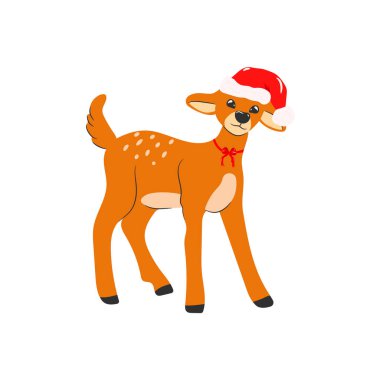 Noel Baba şapkalı küçük benekli geyik ve boynunda kırmızı bir fiyonk. Yılbaşı illüstrasyonu. Vektör izole edildi.