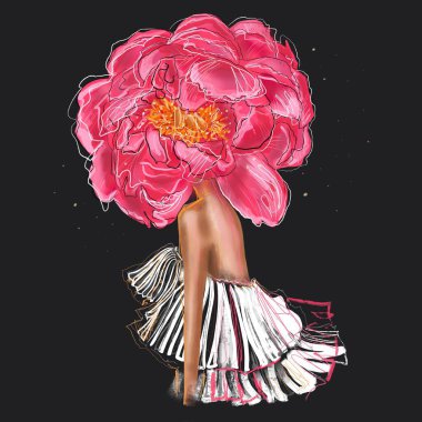 El çizimi soyut fantezi moda tasviri beyaz pofuduk elbiseli, koyu bir arka planda başı yerine şakayık bir Peeonia çiçeği olan hayali bir kadın modeli. Moda hediye kartı.