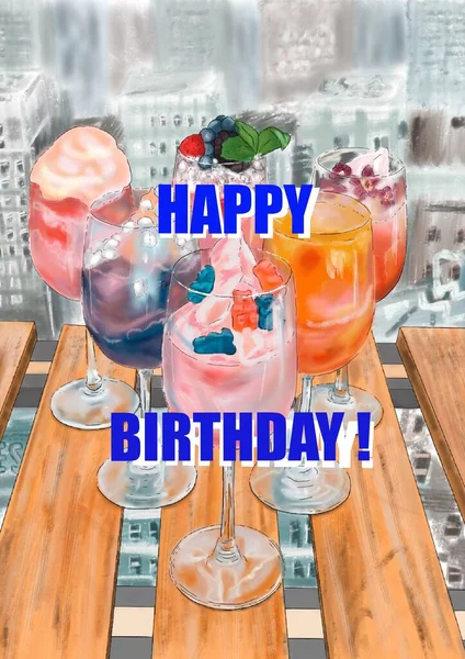 Hand-drawn illustration of multicolored bright cocktails with berries, mint, ice, gummy bears, candies, ice-cream, glaze in glass on the wood table, with a background of a rooftop abstract city view. Birthday greeting with a sign Happy Birthday