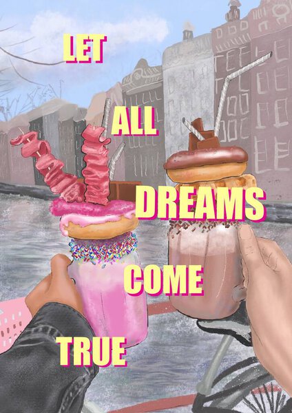 Hand-drawn illustration of milkshakes with donuts, covered glossy glaze, and multicolored sweets, in hands, on the background of an abstract city view, with a sign Let All Dreams Come True. Gift card