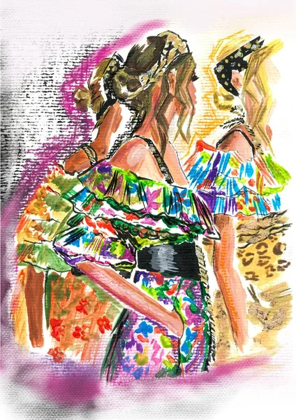 Ilustración Moda Abstracta Acrílica Dibujada Mano Modelos Imaginarios Vestidos Estampados —  Fotos de Stock