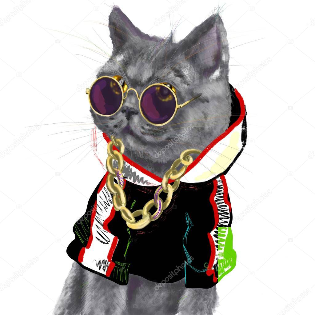 Hand-drawn stylized fashion illustration of a British Shorthair cat in a trendy outfit: in a striped sweatshirt hoodie, sunglasses, and gold chain necklace. Postcard for cat lovers