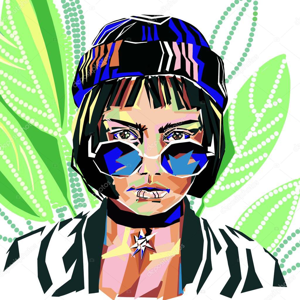 Hand-drawn bright neon colorful stylized geometrical art fashion illustration of imaginary female model in trendy outfit: beanie chunky knit hat, sunglasses, jewelry choker necklace, coat, on abstract neon geometric art background