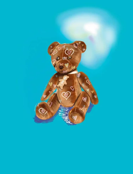 手绘色彩艳丽的泰迪熊时尚图片说明 带有甜蜜的心形图案 并在抽象的蓝色背景上印有 我爱你 的标志 并附有亮点 情人节礼物明信片很时髦 — 图库照片