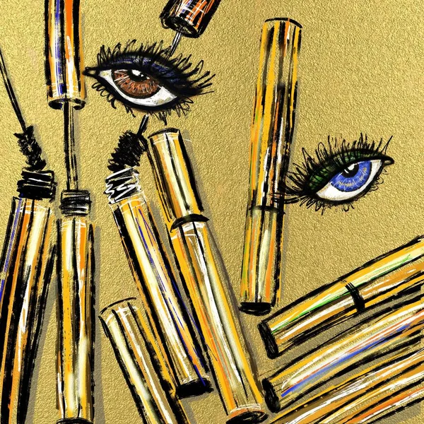 Hand-drawn bright colorful stylized abstract fashion illustration of eyes with eyelashes and mascara tube container bottles on a golden background. Fashion gift postcard for all makeup lovers