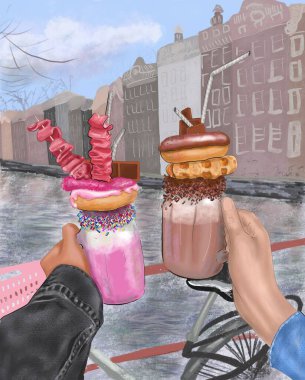 Elle çizilmiş milkshake ile donutlar, pembe ve çikolatalı parlak jöle ve çok renkli şekerler, soyut bir şehir manzarasının arka planında kot ceket kollarıyla,