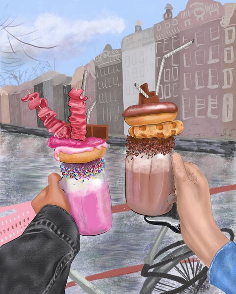 Hand-drawn illustration of milkshakes with  donuts, covered pink and chocolate glossy glaze and multicolored sweets, in hands with sleeves of denim jackets, on the background of an abstract city view