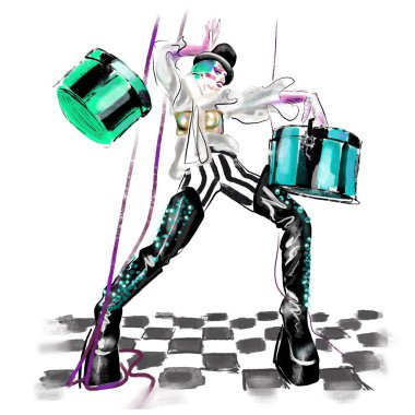 Beyaz gömlekli, altın korseli, çizgili pantolonlu, soyut bir satranç zemininde davullu yüksek çizgili, hayali modelin el çizimi parlak moda tasviri.. 