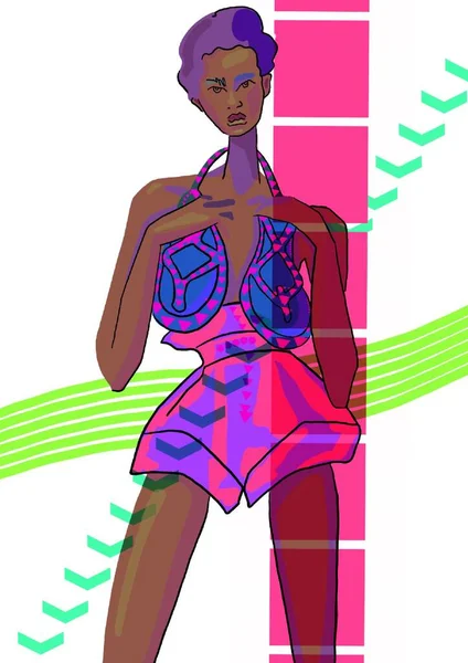 Desenhado Mão Neon Brilhante Colorido Estilizado Ilustração Moda Modelo Afro — Fotografia de Stock