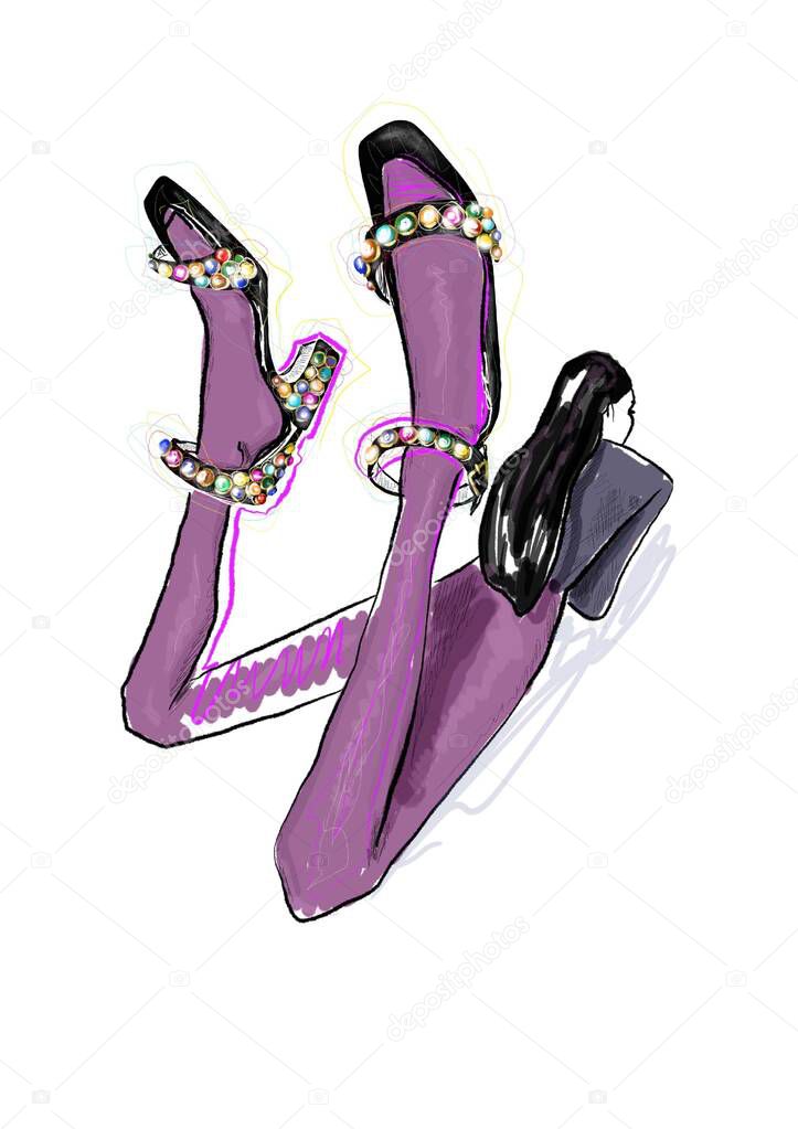 Hand-drawn fashion illustration of   imaginary model in lilac leggings, grey top, and high heeled sandals with massive rhinestones and jewelry decorative elements, lying on the floor