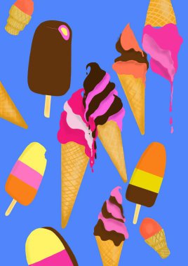 Elle çizilmiş çok renkli pembe, turuncu, sarı, kahverengi çikolata, vanilyalı ve meyveli dondurmalar parlak mavi arka planda eriyor. 
