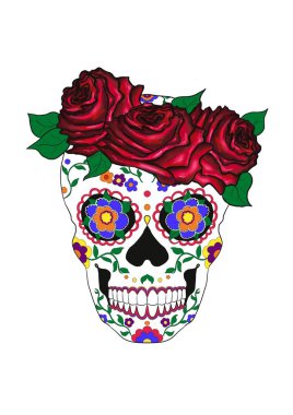 Çok renkli desenli, güllü ve yapraklı hayali Sugar Skull 'un el çizimi, 
