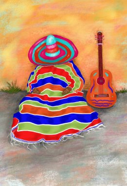 Hand-drawn multicolor illustration of imaginary abstract figure of Mexican  mariachi musician in poncho and  sombrero, which is sleeping during siesta, near the wall, on the ground, next to his guitar clipart