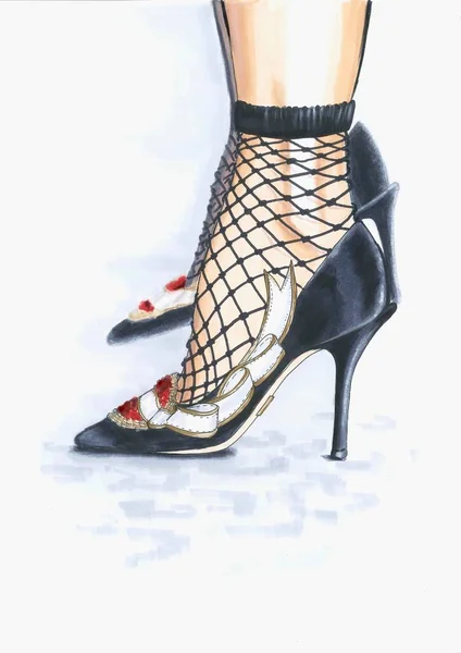 Illustration Mode Dessinée Main Chaussures Noires Talons Hauts Avec Rubans — Photo