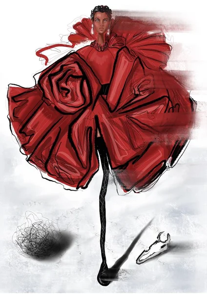 Hand Drawn Fashion Illustration Imaginary Model Red Dress Depicted Fantasy — Stock Photo, Image