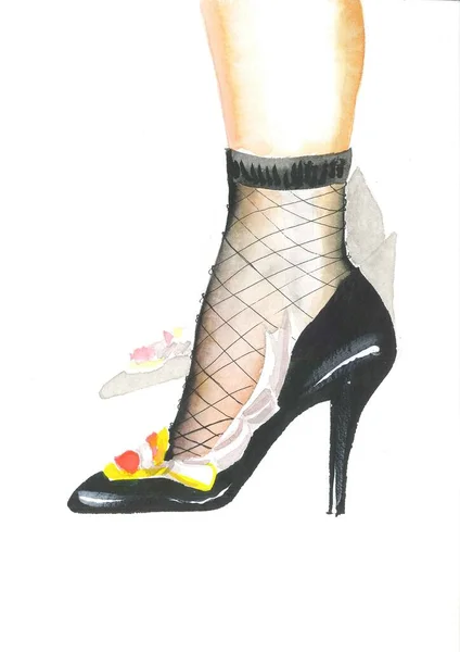 Illustration Mode Dessinée Main Chaussures Noires Talons Hauts Avec Des — Photo