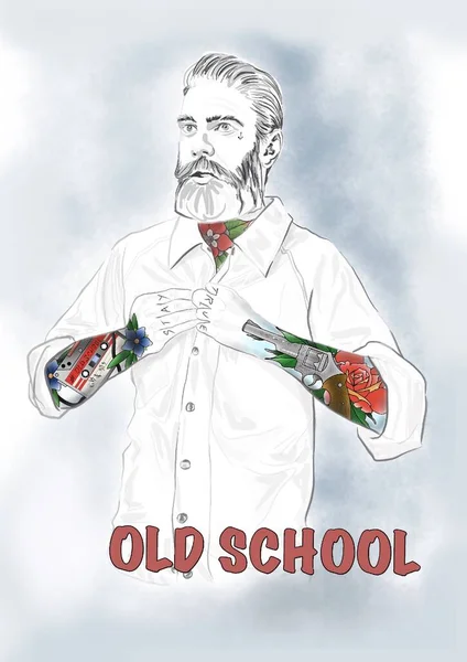 Hand-drawn illustration of an imaginary man with a beard, with bright tattoos, in a white shirt, with an inscription \