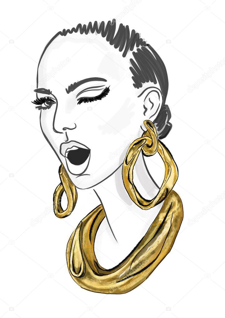 Hand-drawn fashion illustration of invented character: imaginary smiling and winking girl, with hairs pulled in a bun, in a massive gold earrings and necklace