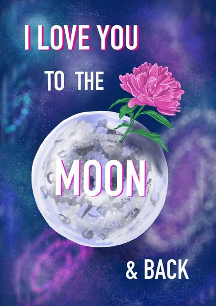 Hand-drawn stylized illustration of a moon with a hypertrophied size peony flower against an abstract background of space, with an inscription \