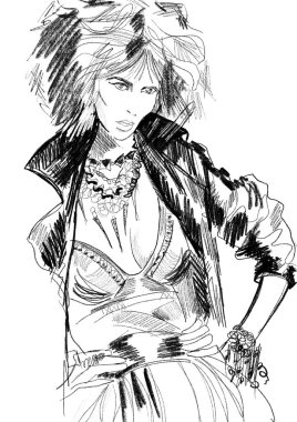 Son moda rock yıldızı kıyafeti, deri ceket, elbise, kolye gibi hayali bir kadın modelin elle çizilmiş tasviri. Renkli kitap sayfası. Pozlama referansı. Siyah beyaz kadın çizimi.. 